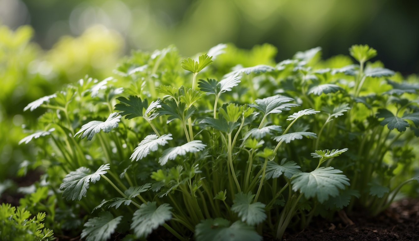 Lush green parsley plants with delicate leaves, varying in size and shape, surrounded by other herbs in a garden setting