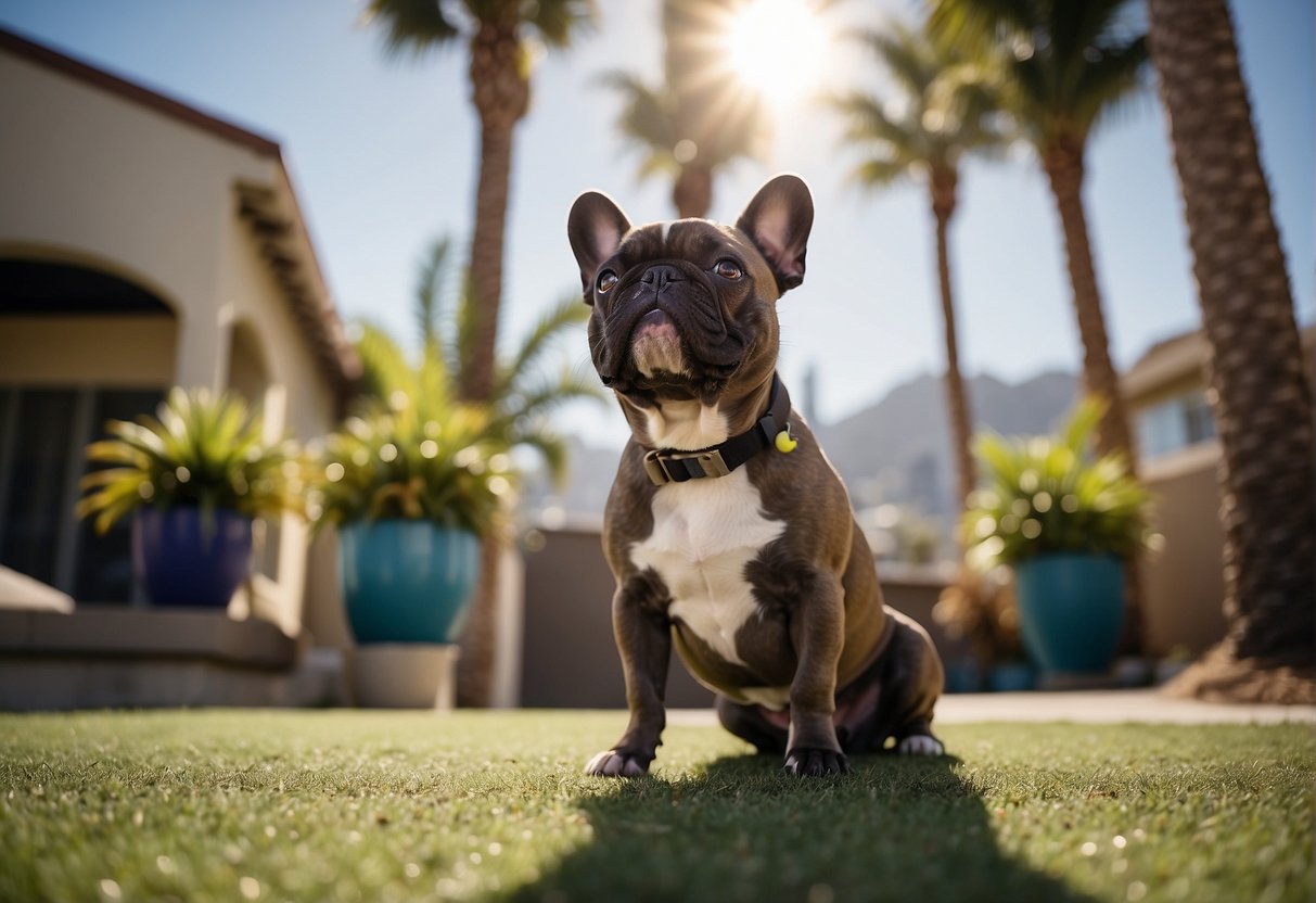 A sunny backyard in Los Angeles, a French Bulldog playing with a ball, surrounded by palm trees and a view of the city skyline
