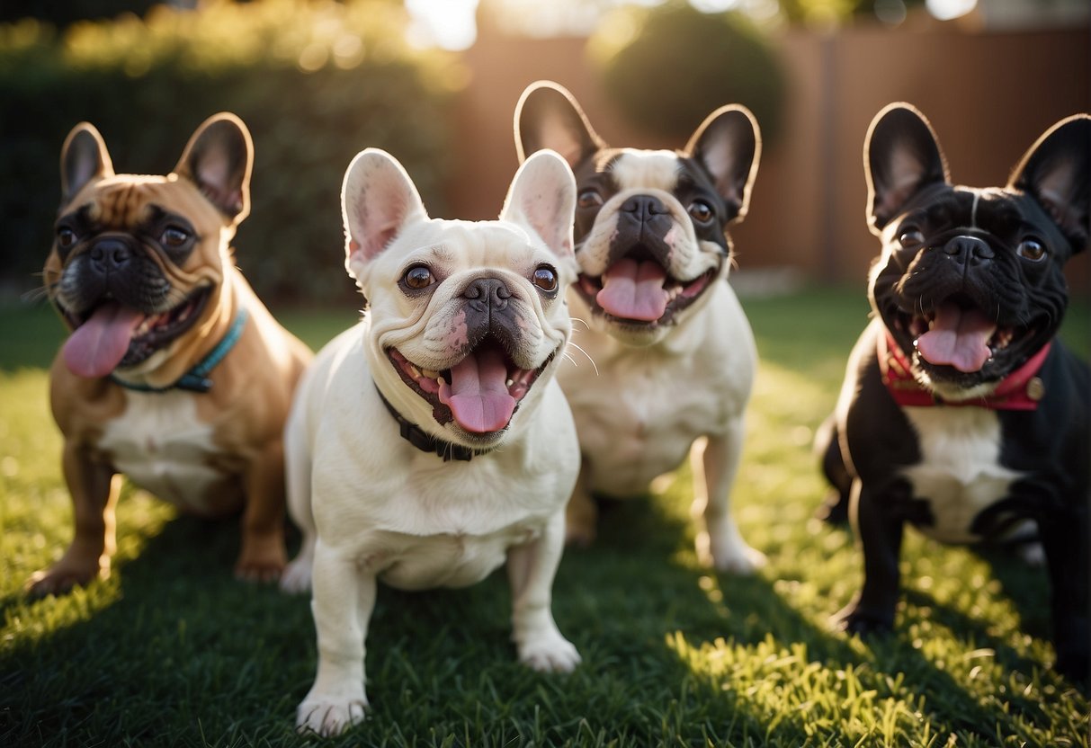 A group of French bulldogs playfully interact with their breeders in a sunny Los Angeles backyard, showcasing their friendly and energetic personalities