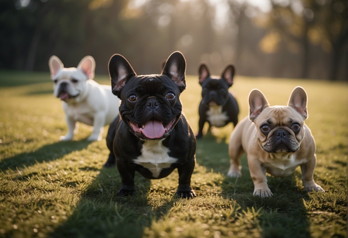 A group of French bulldogs playfully interact in a spacious, well-lit room at a reputable breeder's facility on the East Coast