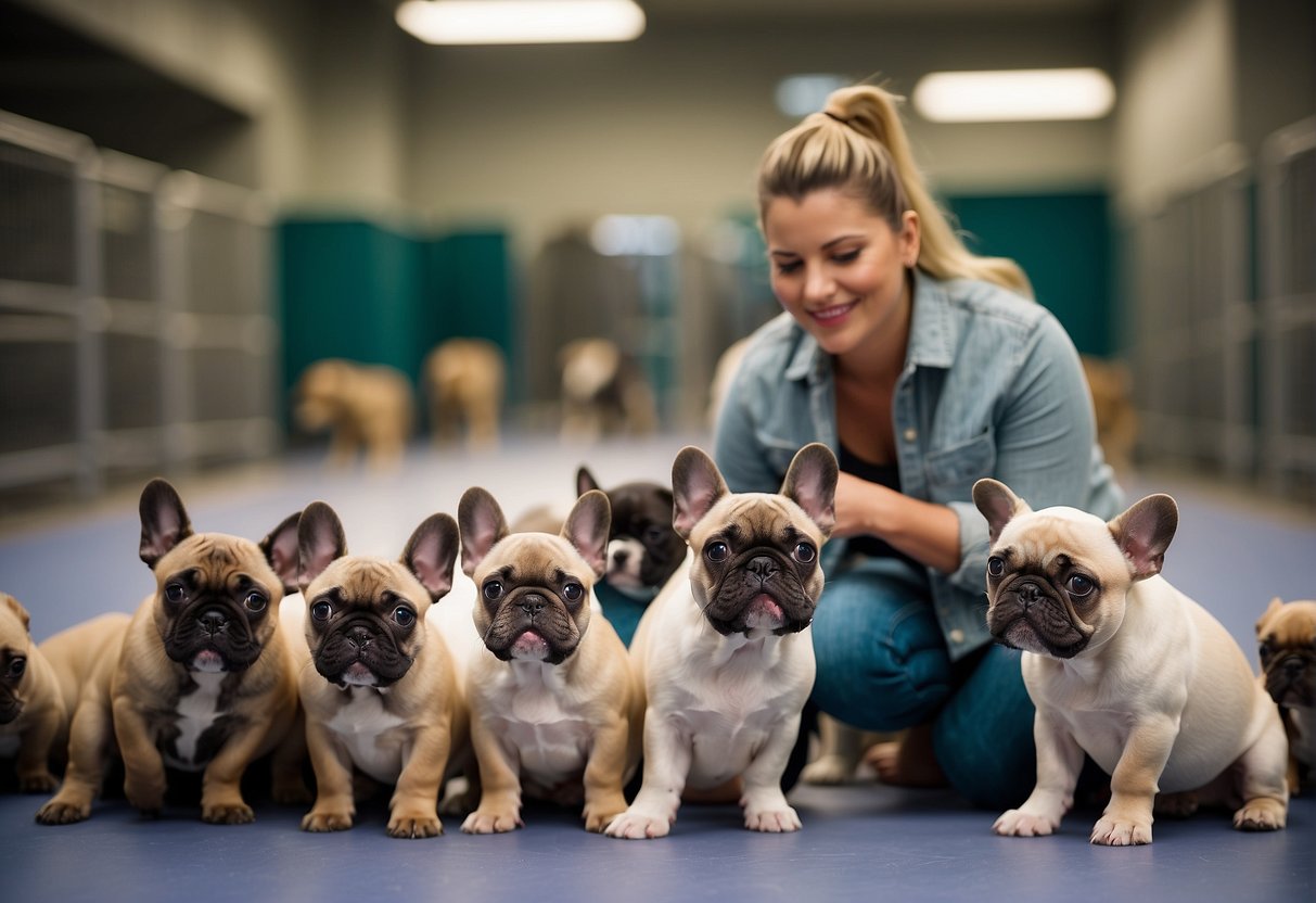 A French bulldog breeder carefully examining a litter of puppies, surrounded by clean and spacious kennels, with happy and healthy adult dogs playing in the background