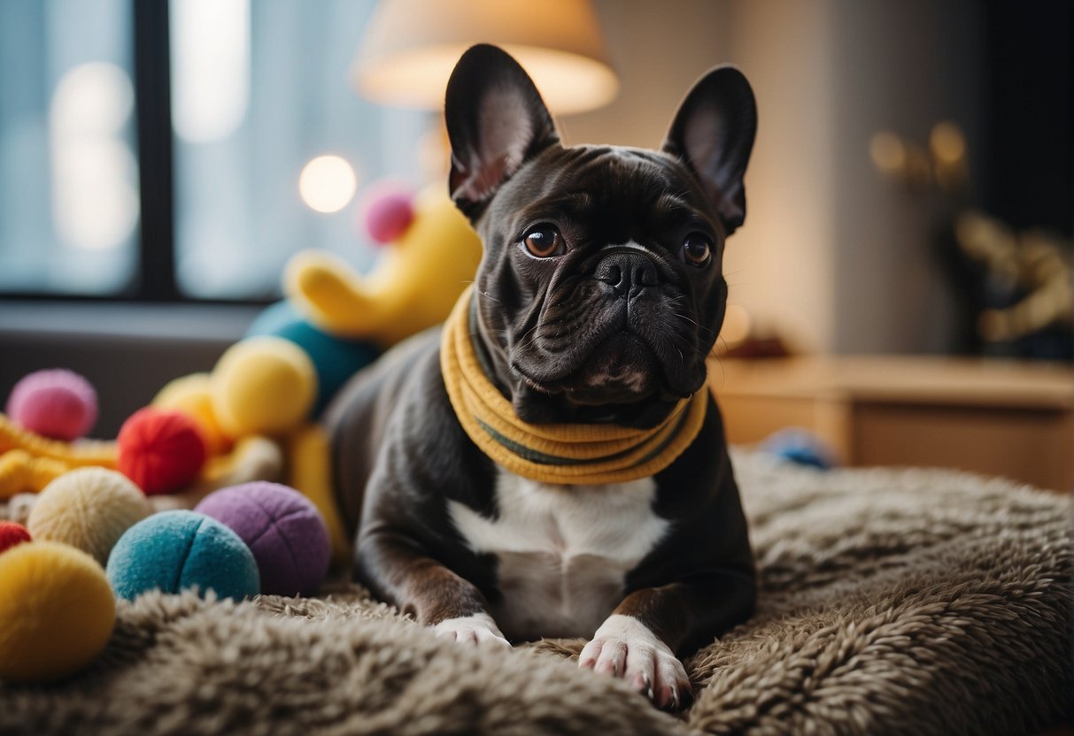 A French Bulldog lies contentedly, with a calm and friendly expression. It is surrounded by toys and a comfortable bed, showcasing its playful and affectionate temperament