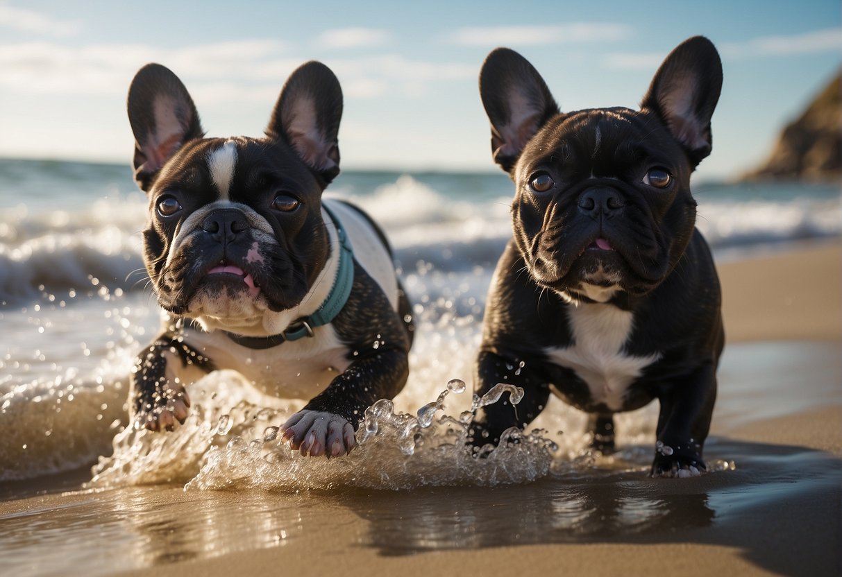 Two playful French Bulldog puppies frolic on a sandy East Coast beach, with crashing waves in the background