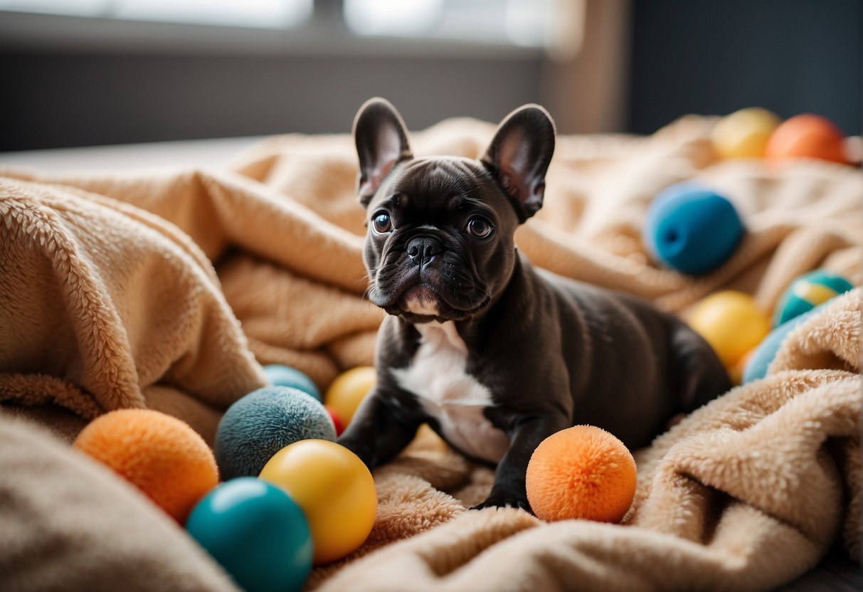 French bulldog puppies playing in a cozy, well-maintained indoor space with colorful toys and comfortable bedding, surrounded by caring staff and happy, satisfied customers