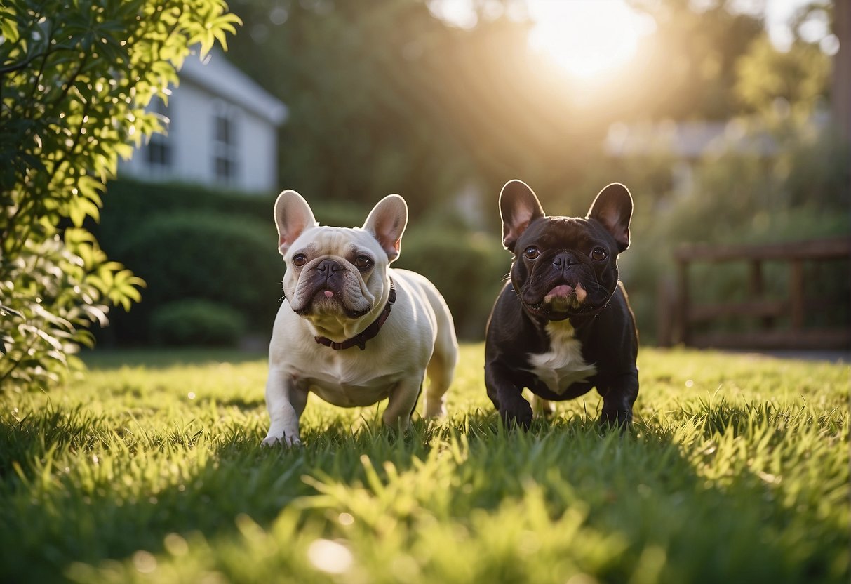 French bulldogs play in a spacious, sunlit yard, surrounded by lush greenery. The east coast landscape is visible in the background