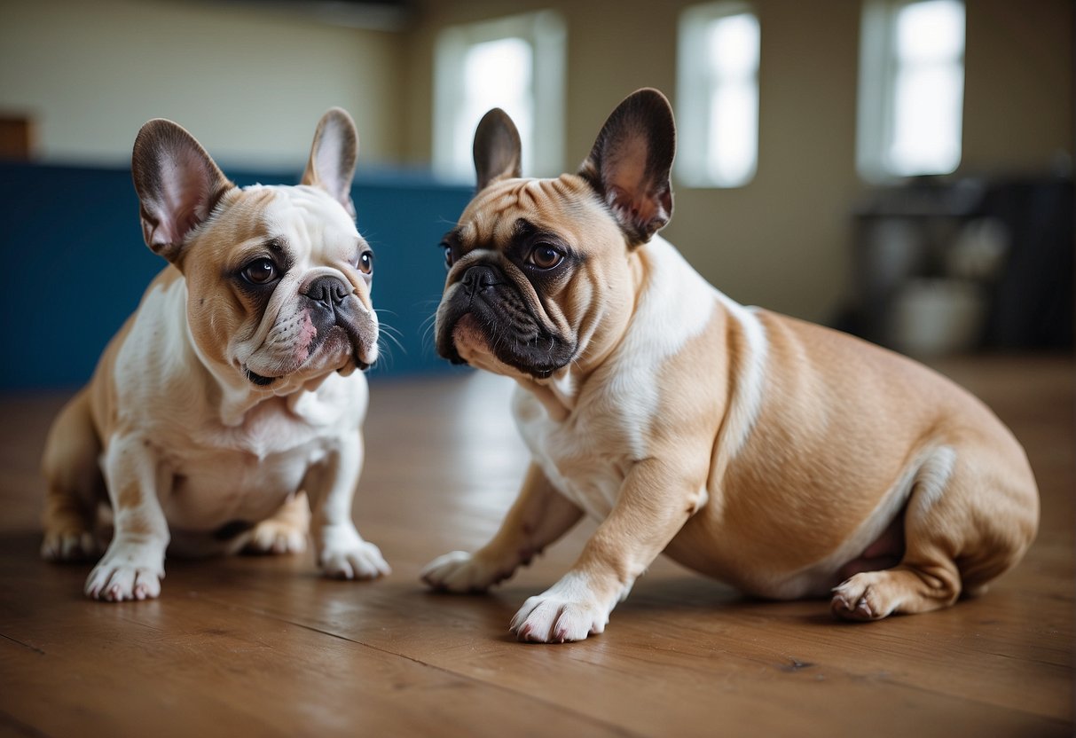 French bulldogs playfully interact in a spacious, clean, and well-lit breeding facility in New England. The dogs are healthy, happy, and well-cared for by attentive breeders