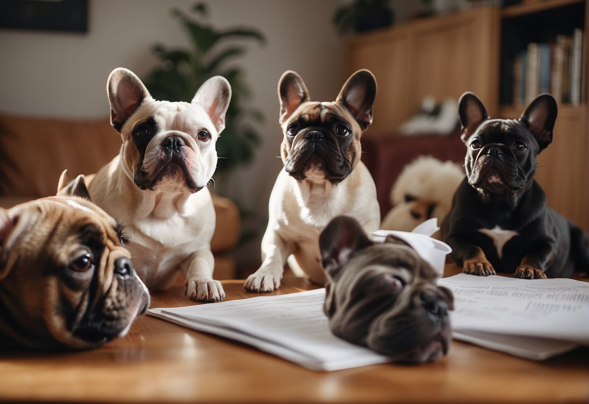 A cozy living room with a family of French bulldogs playing and cuddling, surrounded by happy adoptive families signing paperwork