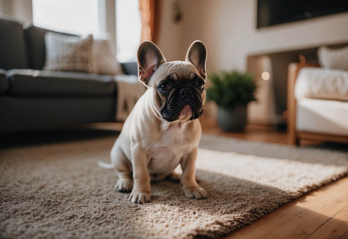 French bulldog puppies playing in a cozy New England home, surrounded by happy families and knowledgeable breeders answering questions