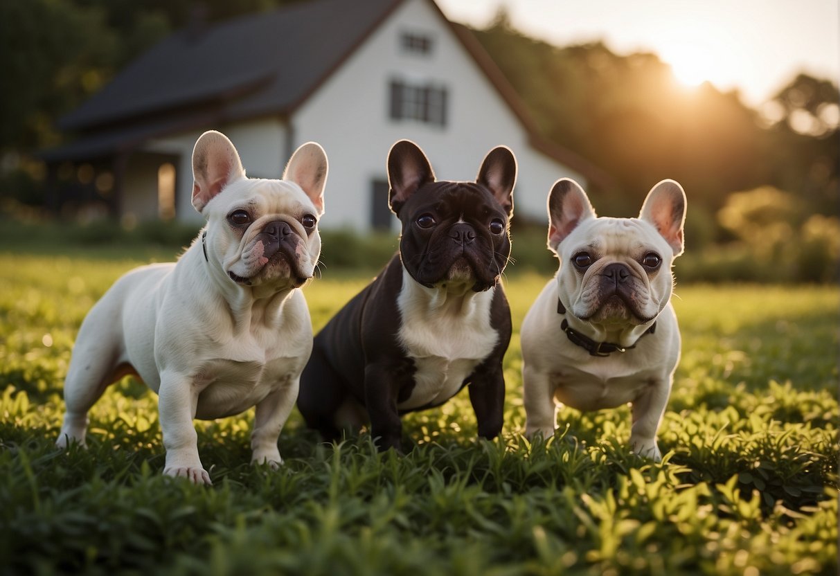 A cozy farmhouse nestled in the rolling hills of New Jersey. A group of French bulldogs playfully frolic in the lush green yard, while the sun sets behind the distant mountains