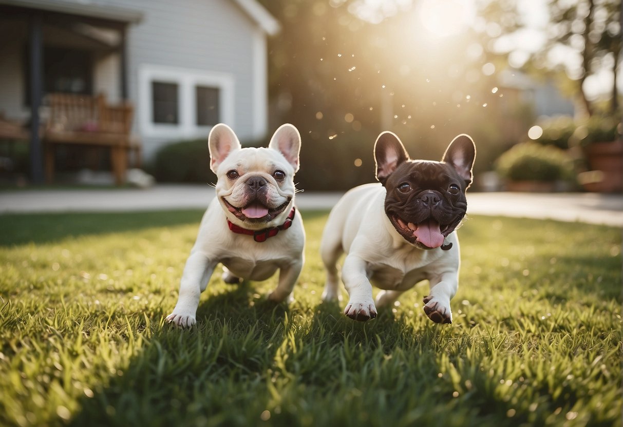A sunny, spacious yard with happy, healthy French Bulldogs playing. A sign reads "Reputable French Bulldog Breeder in New Jersey."