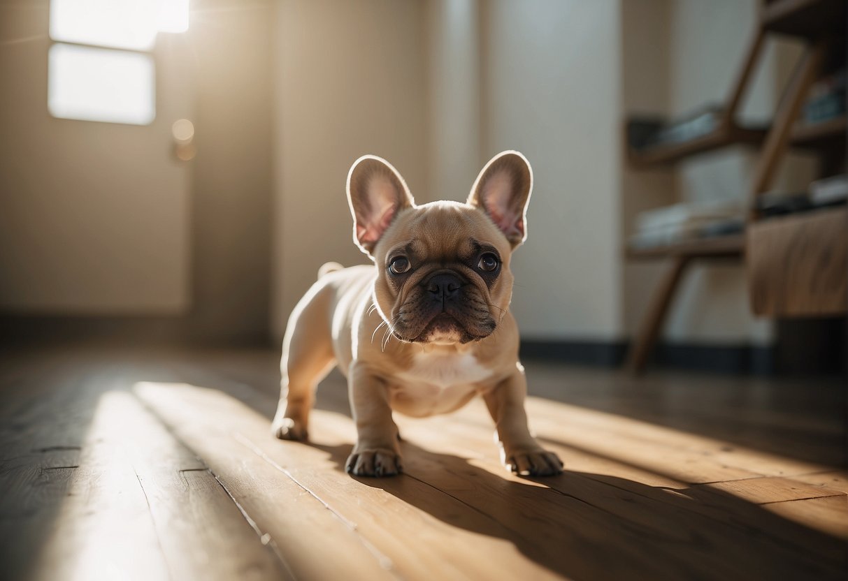 French Bulldog puppies playfully roam a spacious, sunlit room, surrounded by their attentive breeders in New Jersey