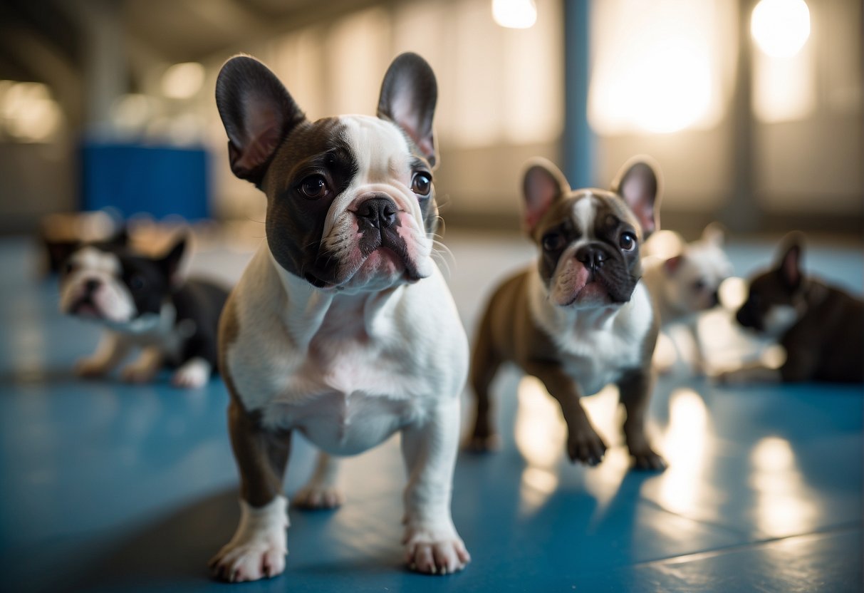 French bulldog puppies playing in a spacious, clean, and well-lit breeding facility in New Jersey, with attentive staff members answering FAQs