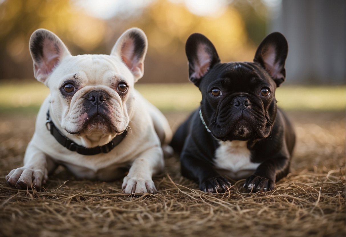French bulldogs playfully interact in a spacious, clean, and well-kept breeding facility in the Midwest. The dogs are healthy, happy, and well-cared for by attentive breeders