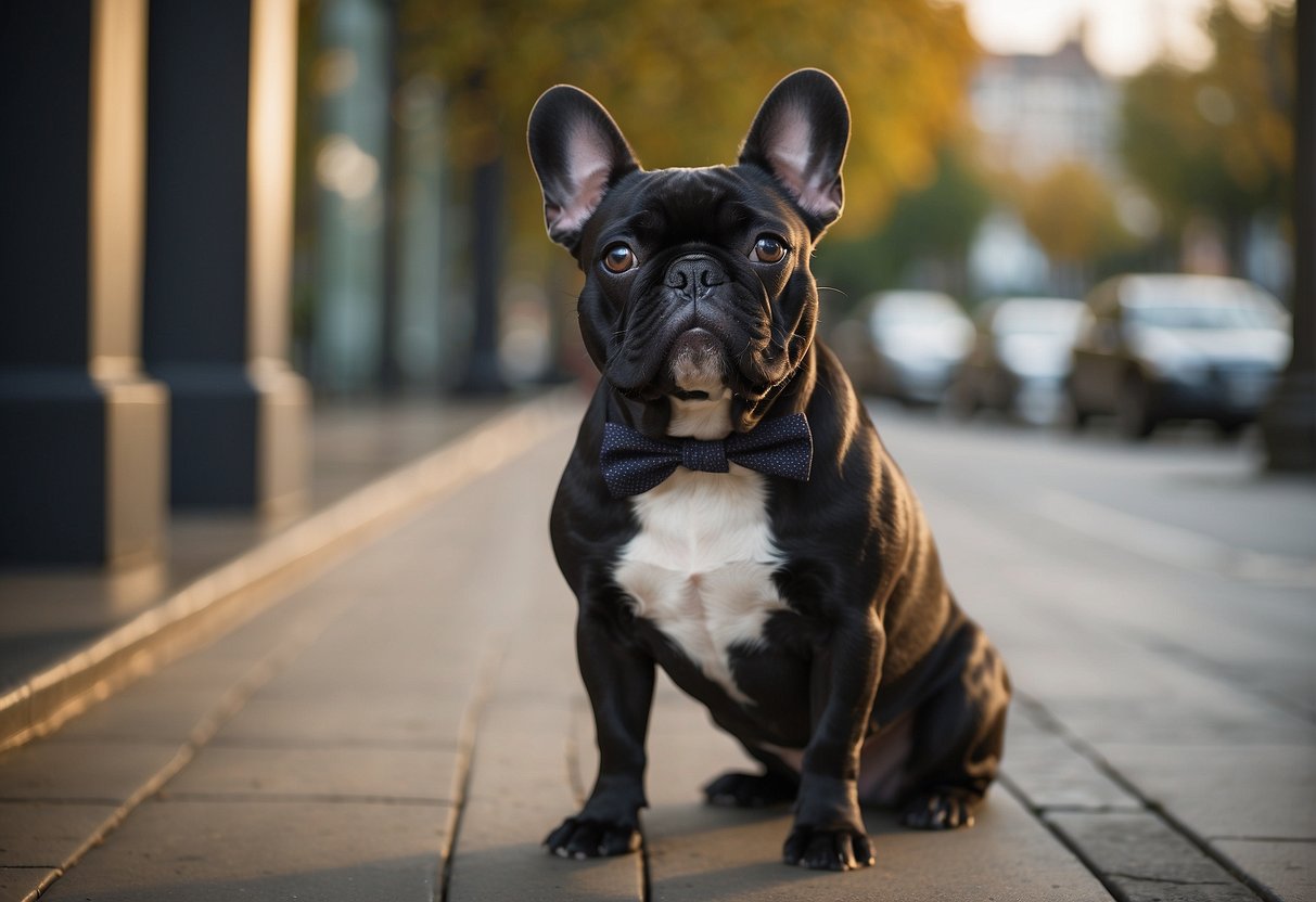 A French Bulldog stands confidently, with a sleek coat and alert expression. The surroundings suggest a clean and well-maintained environment