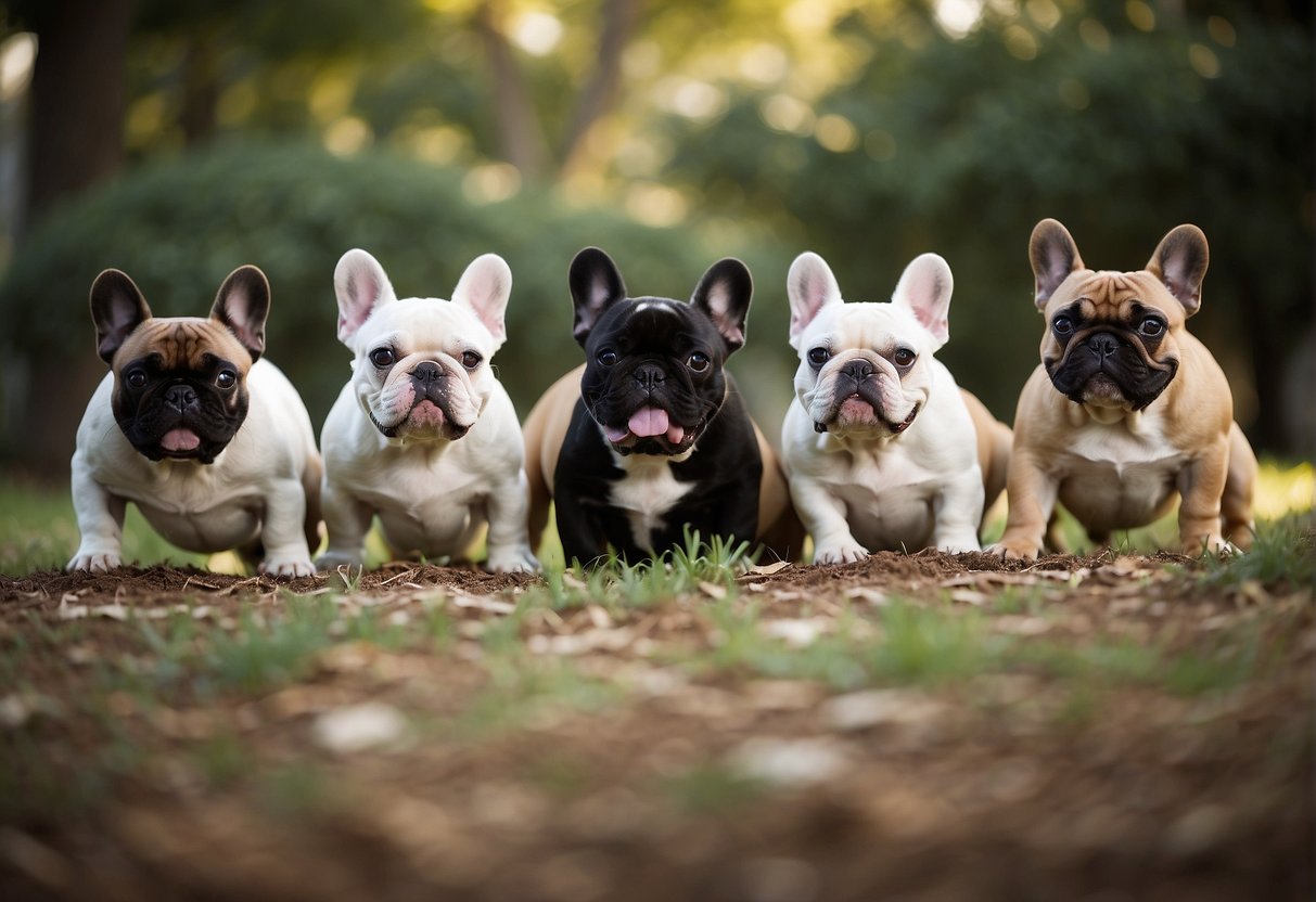 A group of French bulldogs playing and interacting with each other at a reputable breeder's facility in the Midwest