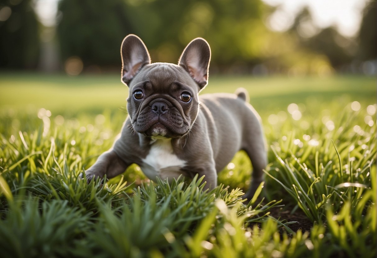French Bulldog puppies play in a spacious, green yard at the best French Bulldog breeders in the Midwest