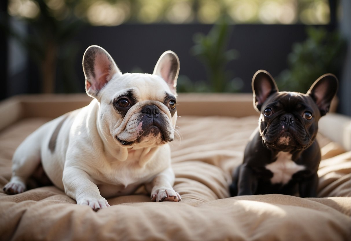 French bulldogs playfully interact in a spacious, well-maintained kennel with clean bedding and toys, while breeders answer inquiries from potential buyers