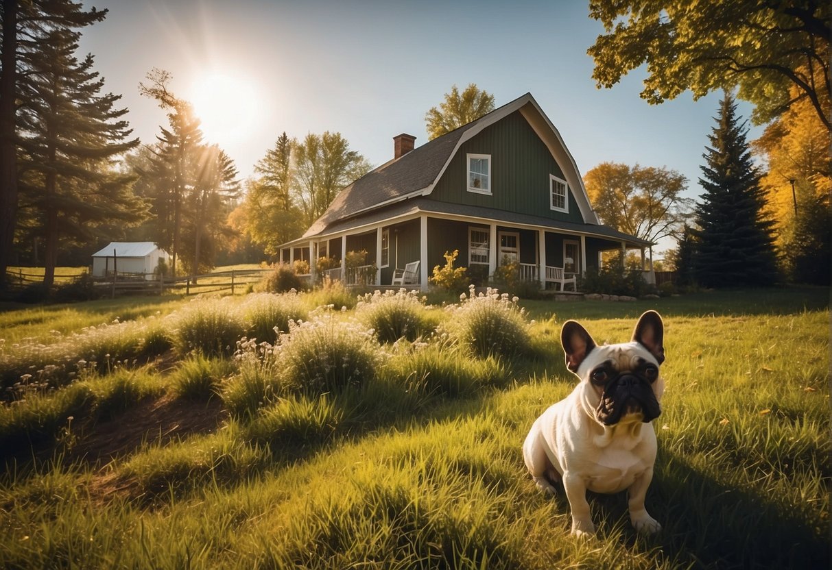 A cozy farmhouse in Ontario, with rolling green fields and a quaint French bulldog kennel. Sunshine filters through the trees, casting a warm glow on the happy, healthy dogs