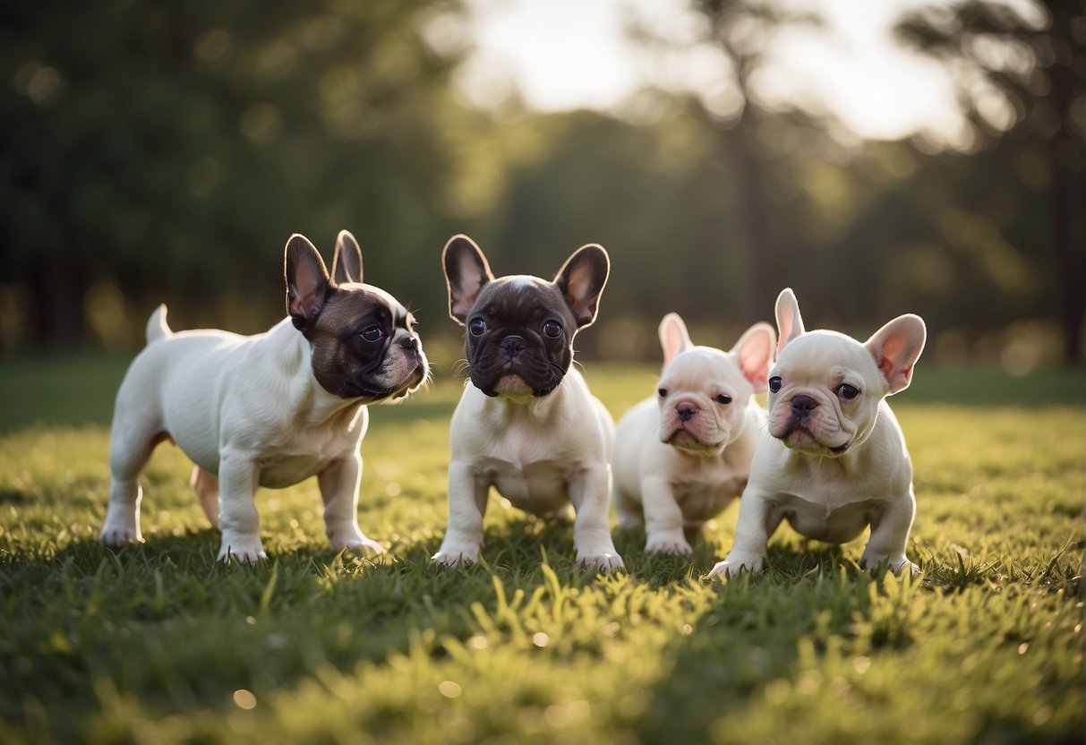 A litter of French Bulldog puppies playfully interact with each other in a spacious, clean and well-lit breeding facility in Ontario