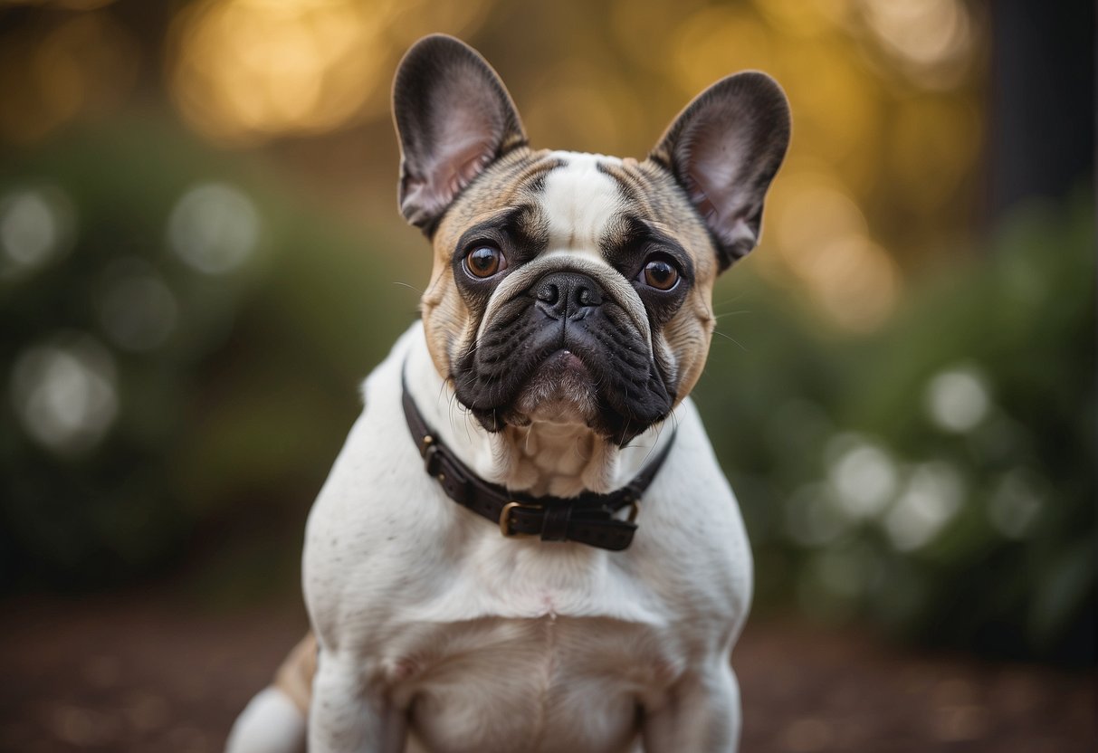 A French Bulldog stands confidently, with a sturdy build and distinctive bat ears. Its coat is short and smooth, with a variety of colors including brindle, fawn, and white
