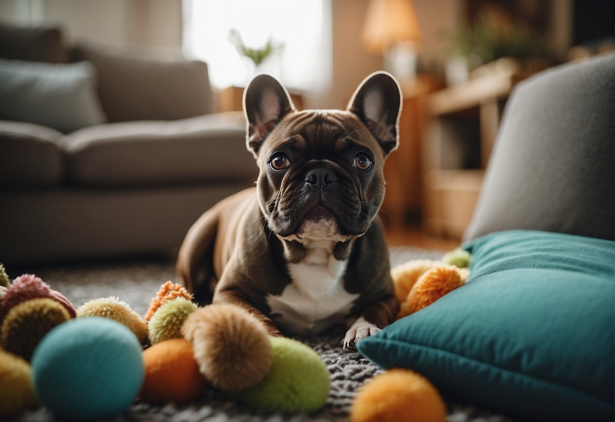 A cozy living room with a happy French bulldog playing with toys and surrounded by supportive resources for new pet owners