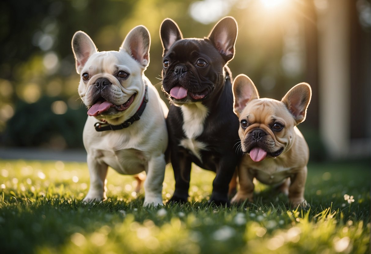 French bulldogs playing in a spacious and well-maintained outdoor area, surrounded by greenery and sunshine. A group of happy and healthy dogs interacting with each other