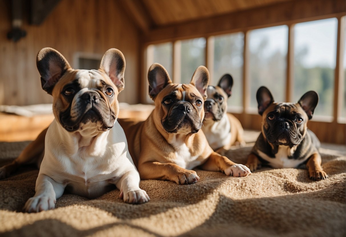 A spacious, clean kennel with happy, healthy French bulldogs playing and lounging. Bright, natural light streams in from large windows