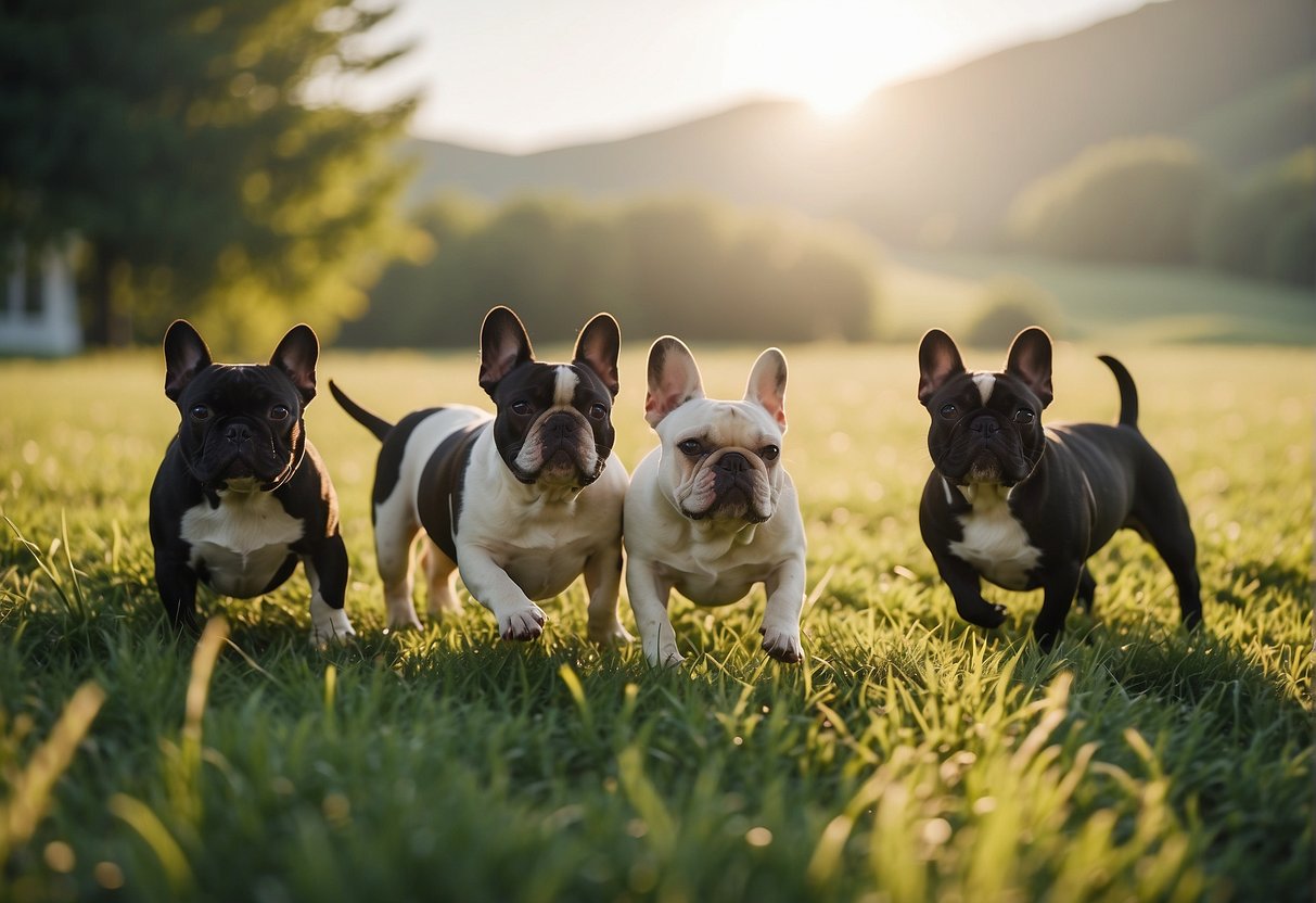 A cozy farmhouse in Pennsylvania, surrounded by lush green fields. A group of French bulldogs playfully romp and wrestle under the warm afternoon sun