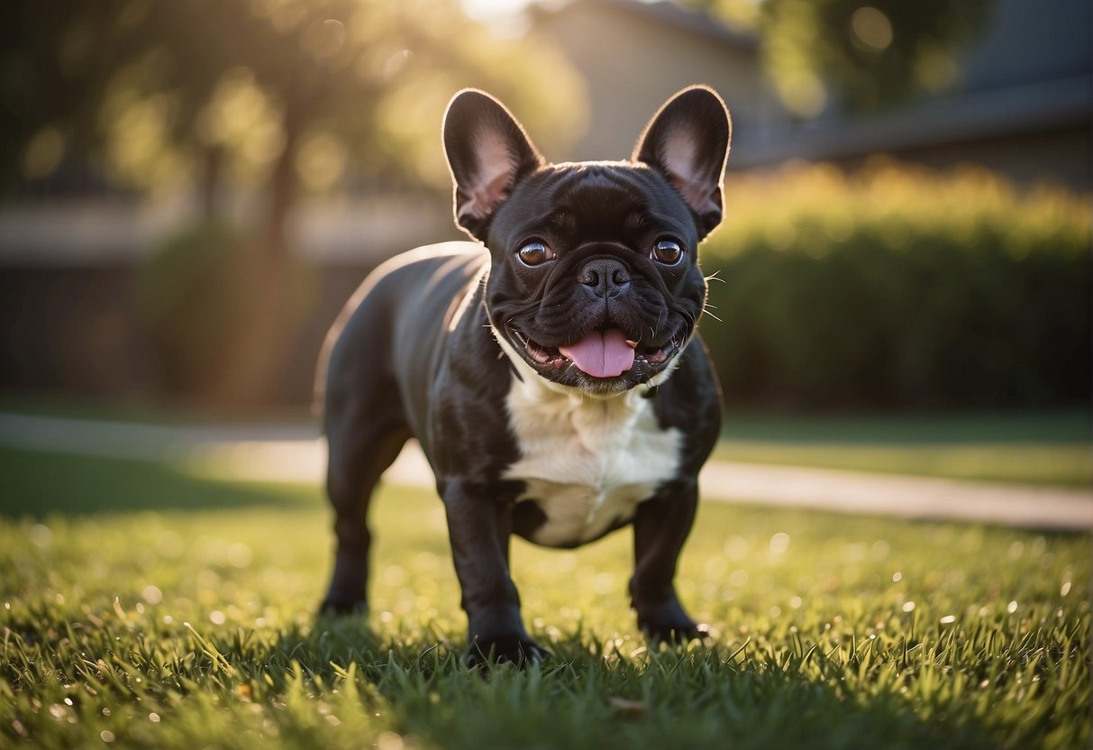 A French Bulldog plays happily in a spacious, sunlit yard, displaying its friendly temperament and robust health