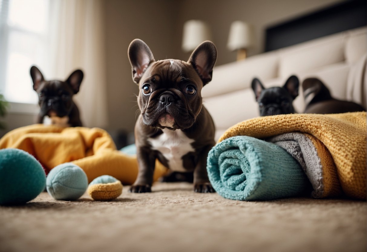 A group of French bulldog puppies play in a spacious and well-lit room, with toys and blankets scattered around. A caretaker watches over them, ensuring they are healthy and well cared for