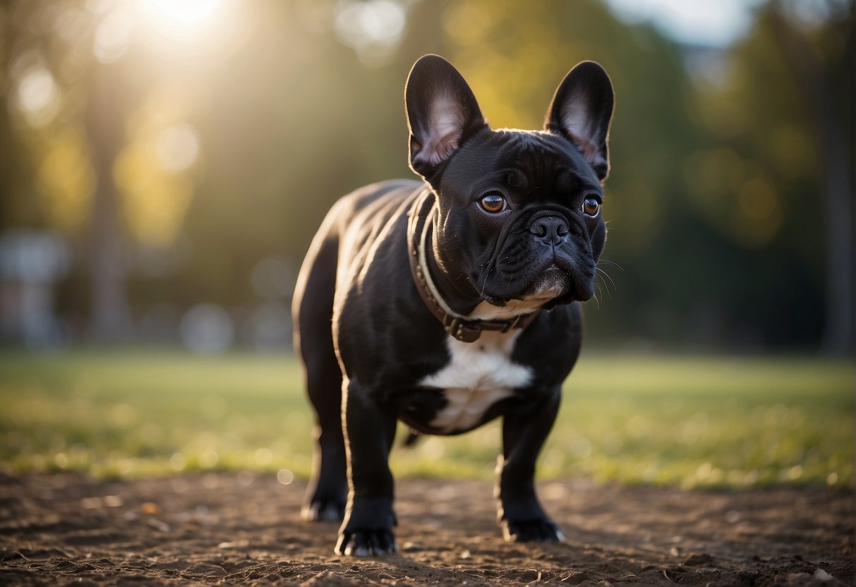 A French bulldog stands proudly, showcasing its distinct bat-like ears and sturdy build, exemplifying the breed standards and characteristics