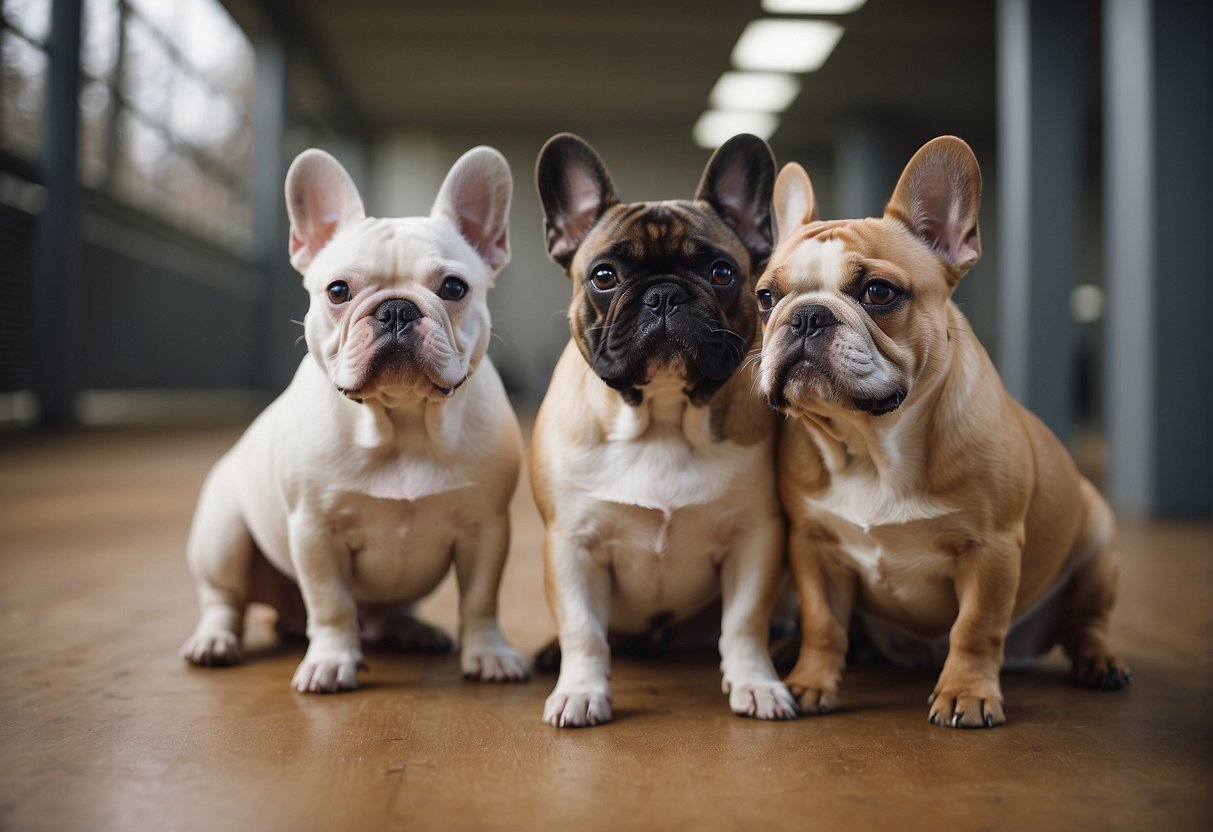 A group of French bulldogs playfully interact in a spacious and well-maintained breeding facility in Tennessee