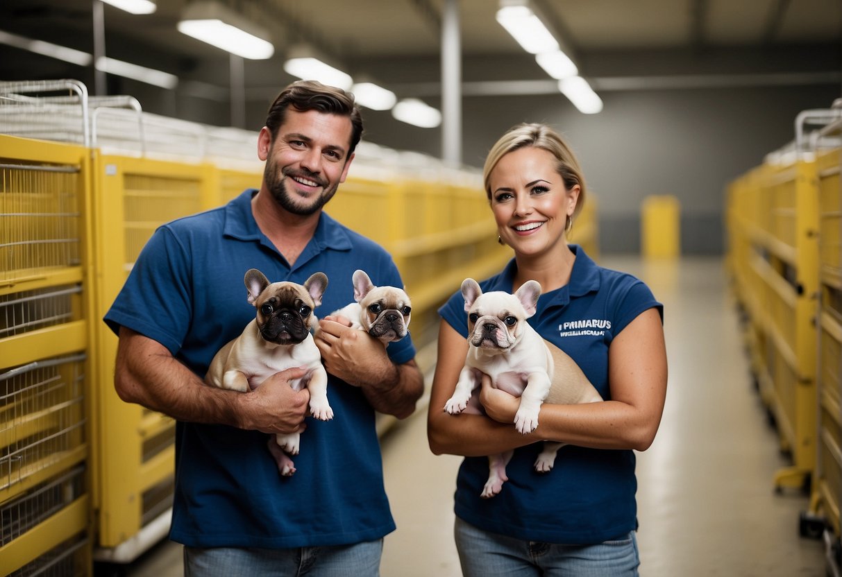 A couple visits a clean, organized French bulldog breeding facility in Tennessee, where the breeder shows them healthy, well-cared-for puppies