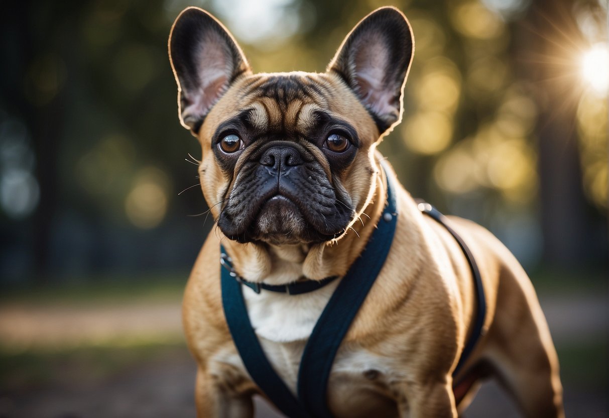 A French Bulldog stands confidently, with alert eyes and a sturdy build. Its coat is smooth and glossy, and its ears are erect. The dog exudes an air of health and vitality