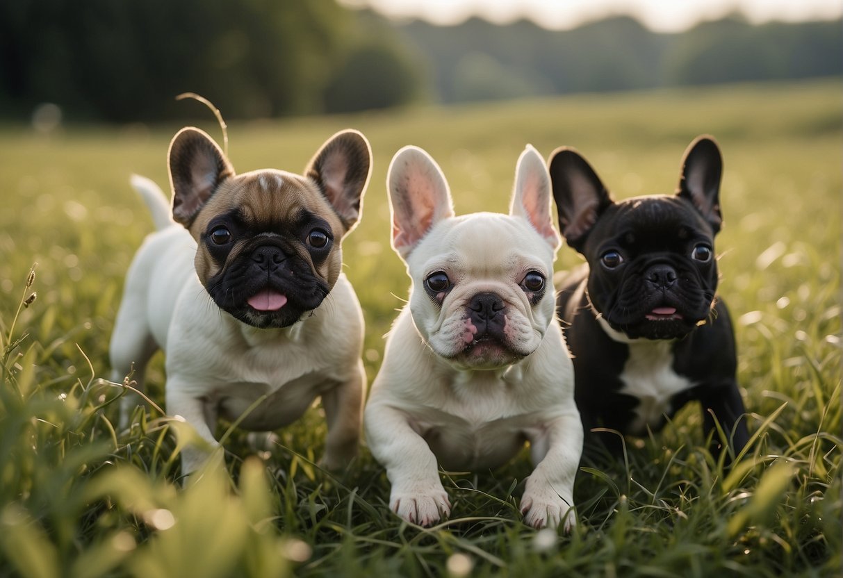 Four playful French Bulldog puppies romp in a grassy Tennessee field