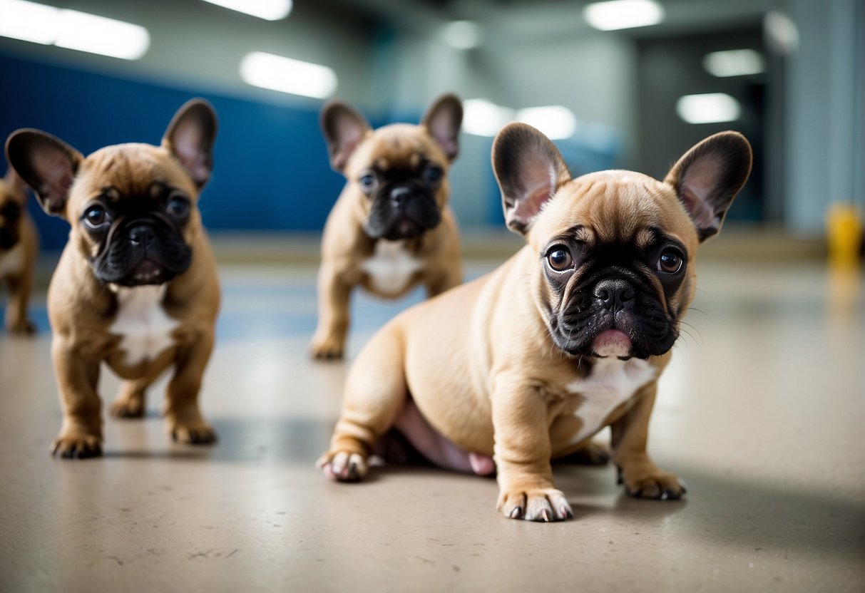 French bulldog puppies playing in a spacious and clean breeder facility in Tennessee, with attentive staff and happy customers