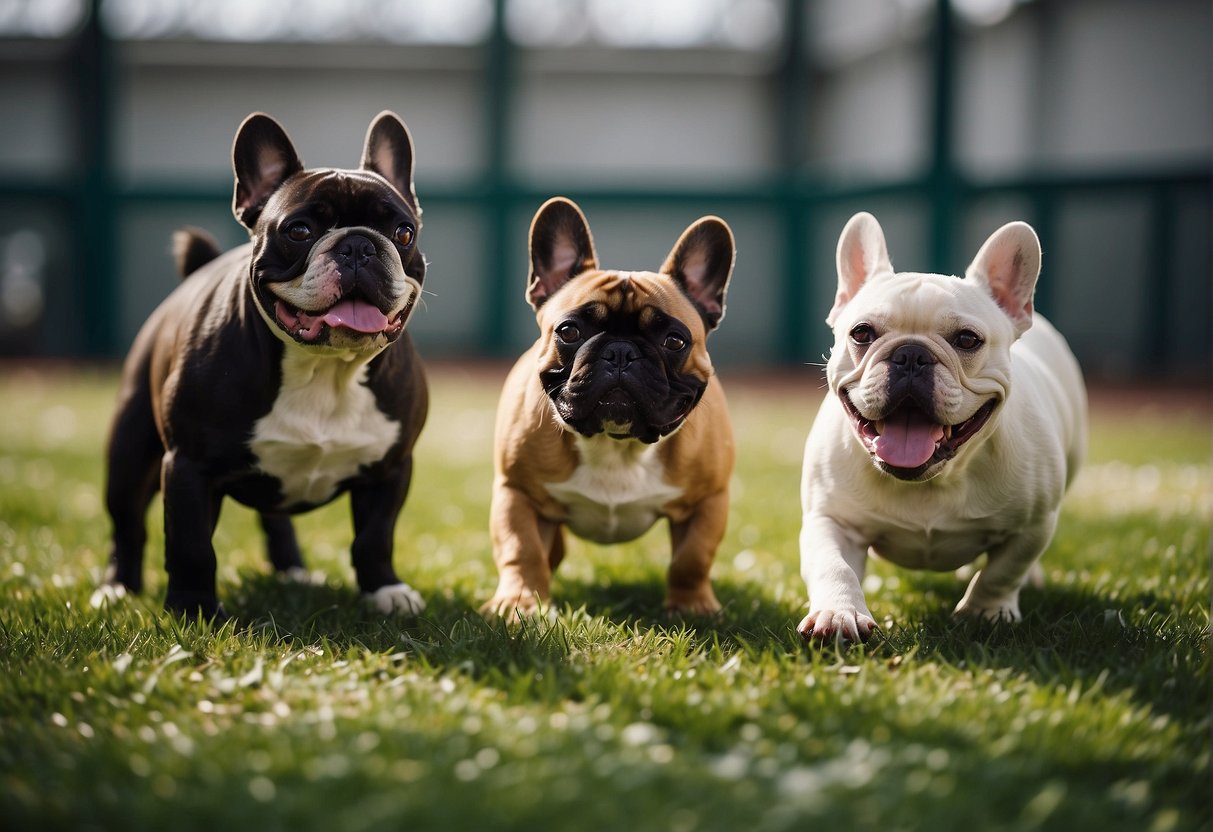 A group of French bulldogs play in a spacious, clean and well-maintained kennel in Chicago. The dogs are healthy, happy, and well-cared for by the breeders