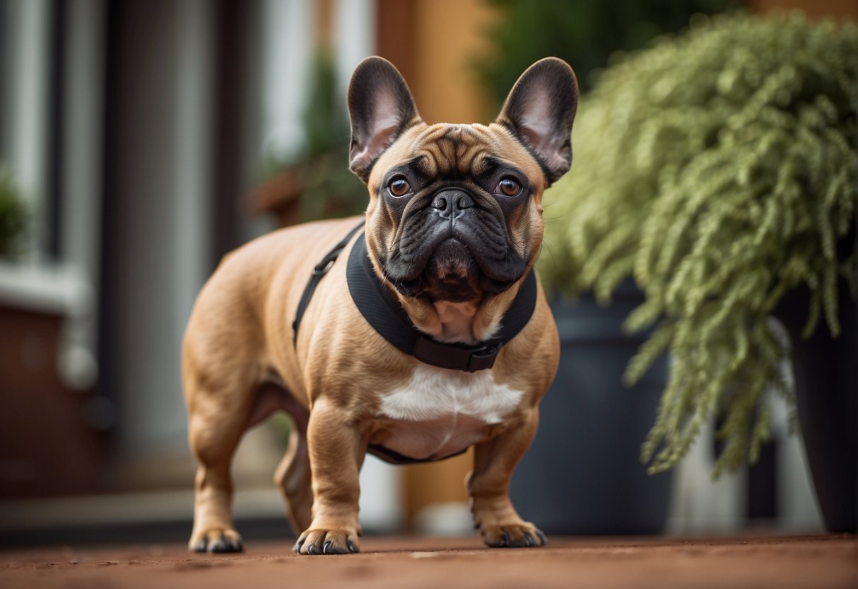 A French Bulldog stands proudly with a playful expression, showcasing its muscular build and distinctive bat ears. The backdrop of a cozy home or urban setting adds to the charm of this beloved breed
