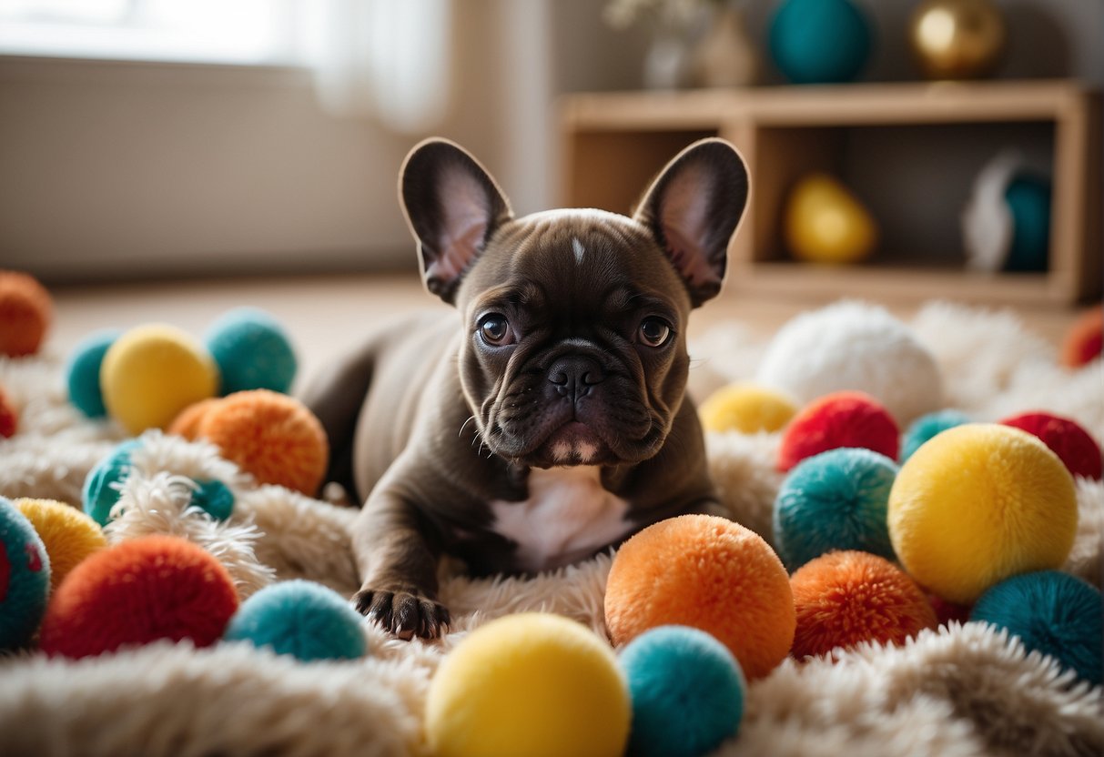 French Bulldog puppies playfully romp in a spacious, well-lit room, surrounded by colorful toys and plush bedding. A sign proudly displays "French Bulldog Puppies for Sale" with the best breeders in Chicago