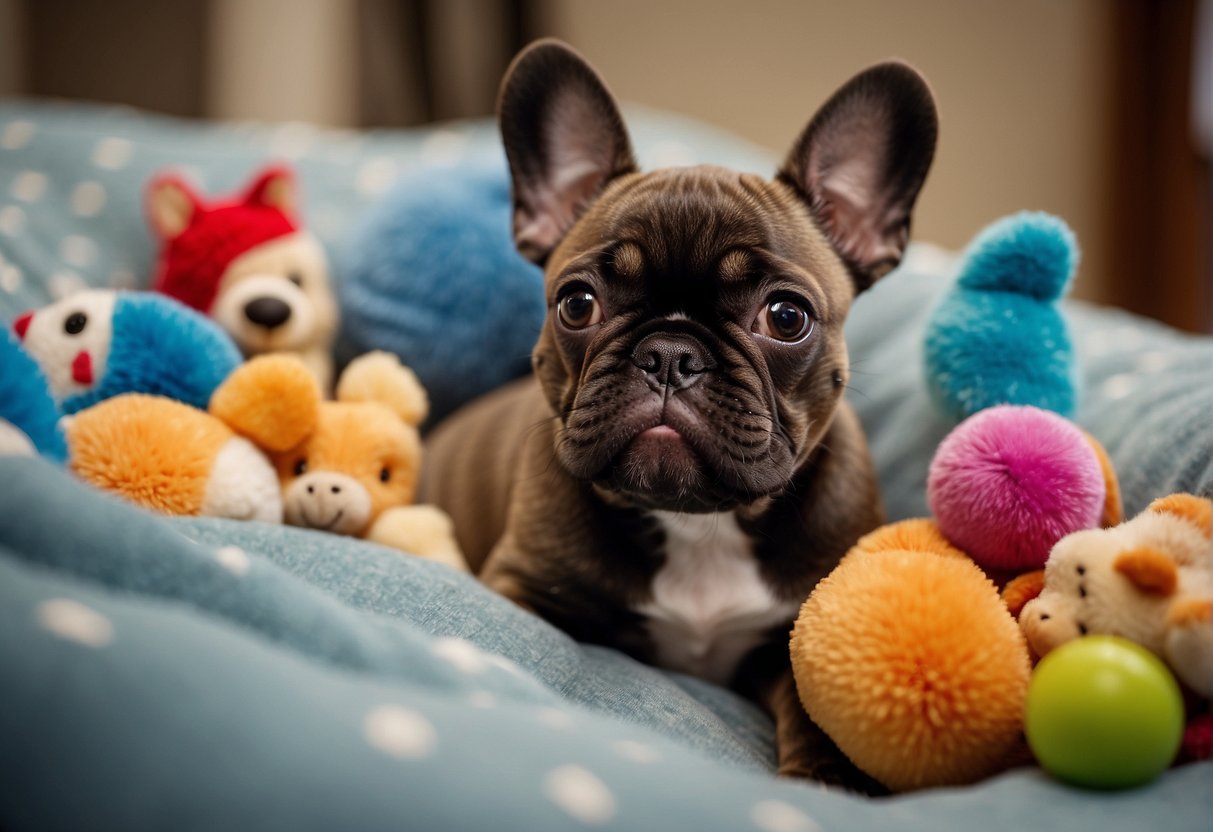 A French bulldog puppy sits in a cozy bed, surrounded by toys and a food bowl, in a breeder's home in Chicago