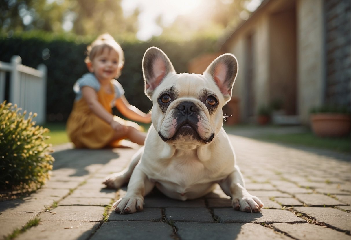 A happy French bulldog playing with children in a spacious backyard, surrounded by a loving family