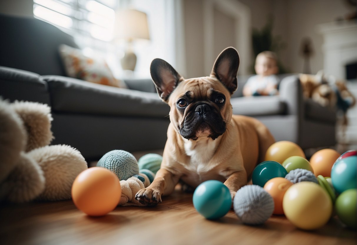 A cozy living room with a French bulldog playing with toys, surrounded by happy adoptive families
