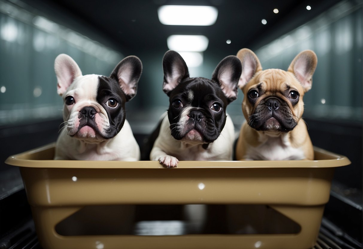 Three playful French Bulldog puppies in a Boston breeder's kennel