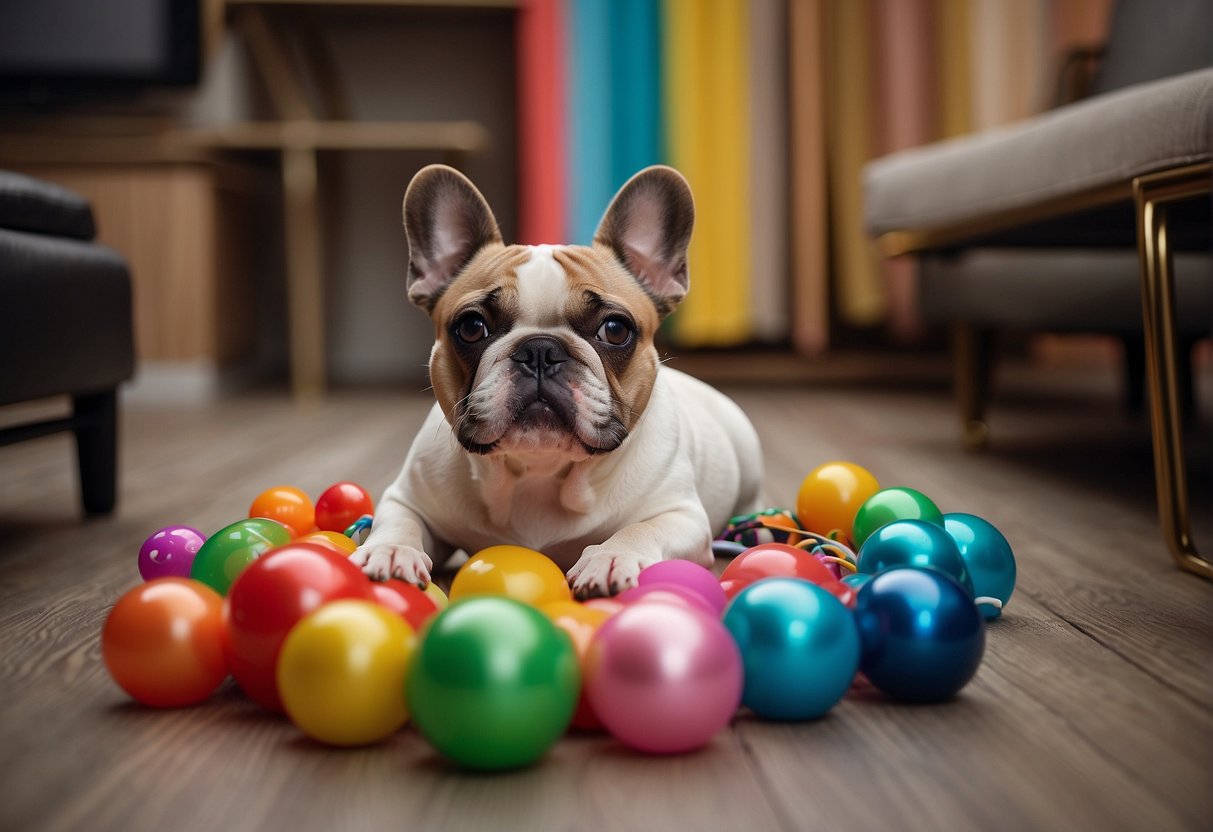 A group of French bulldogs playfully interact with their breeders in a cozy Boston setting, surrounded by colorful toys and dog accessories
