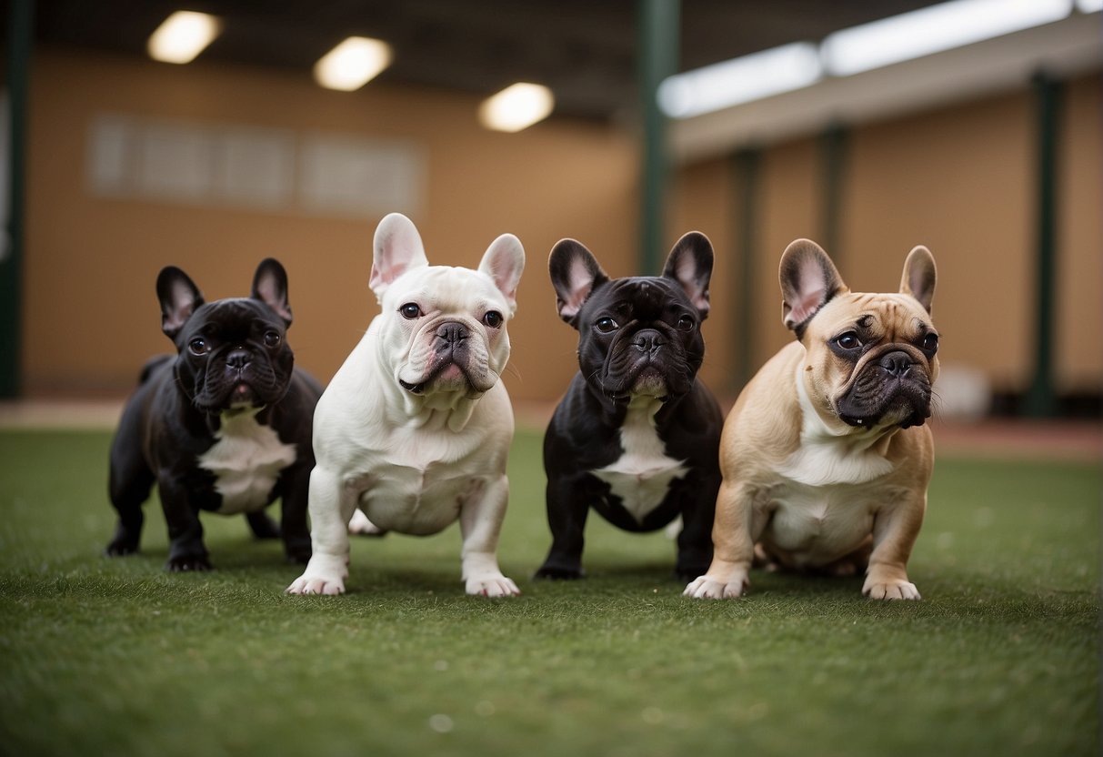 A group of French bulldogs play in a spacious, clean and well-maintained kennel in Detroit. The dogs are lively, healthy, and well-cared for by the breeders