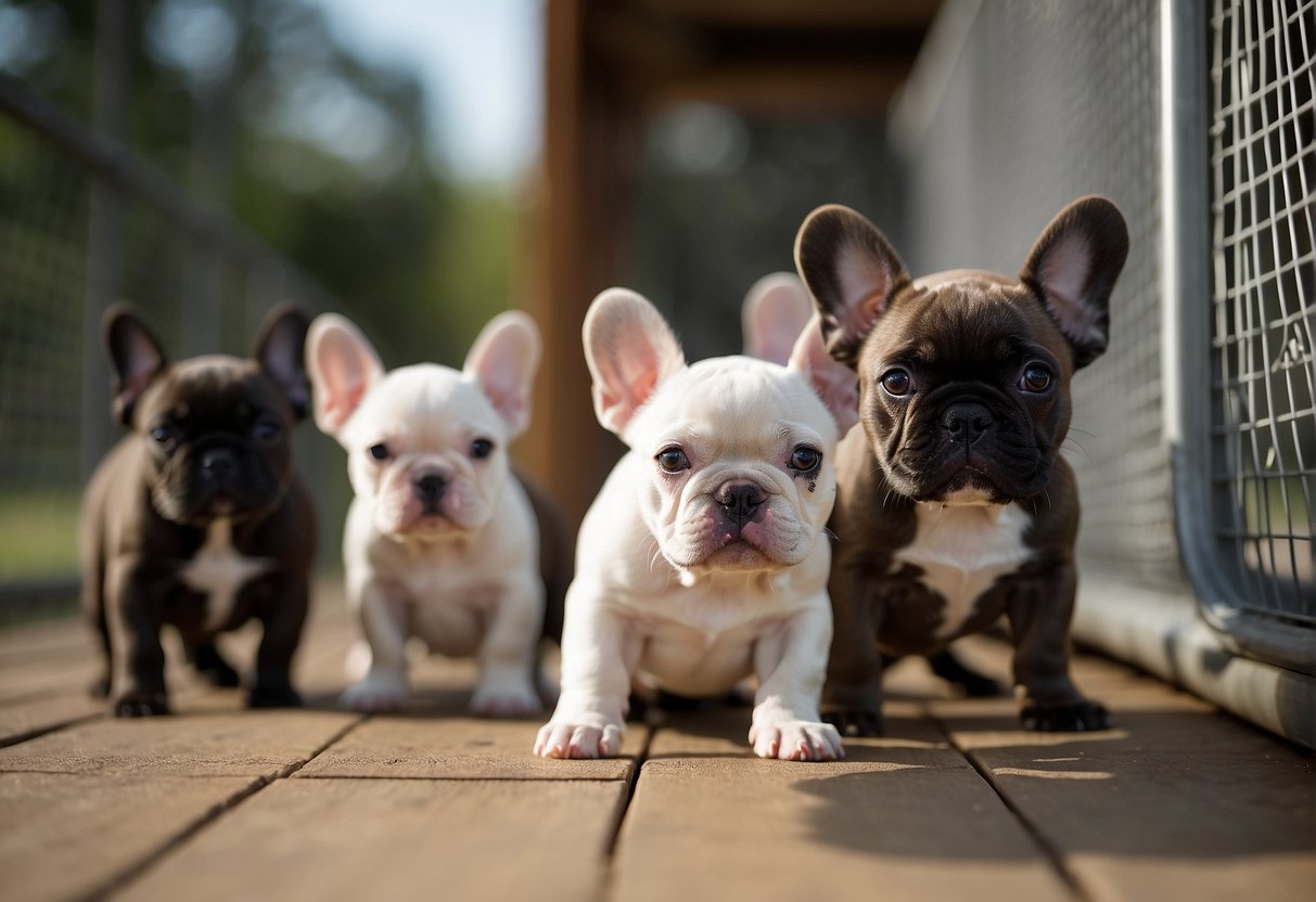 French Bulldog puppies playing in a spacious and clean kennel, with attentive breeders nearby. Quality breeding equipment and documentation displayed