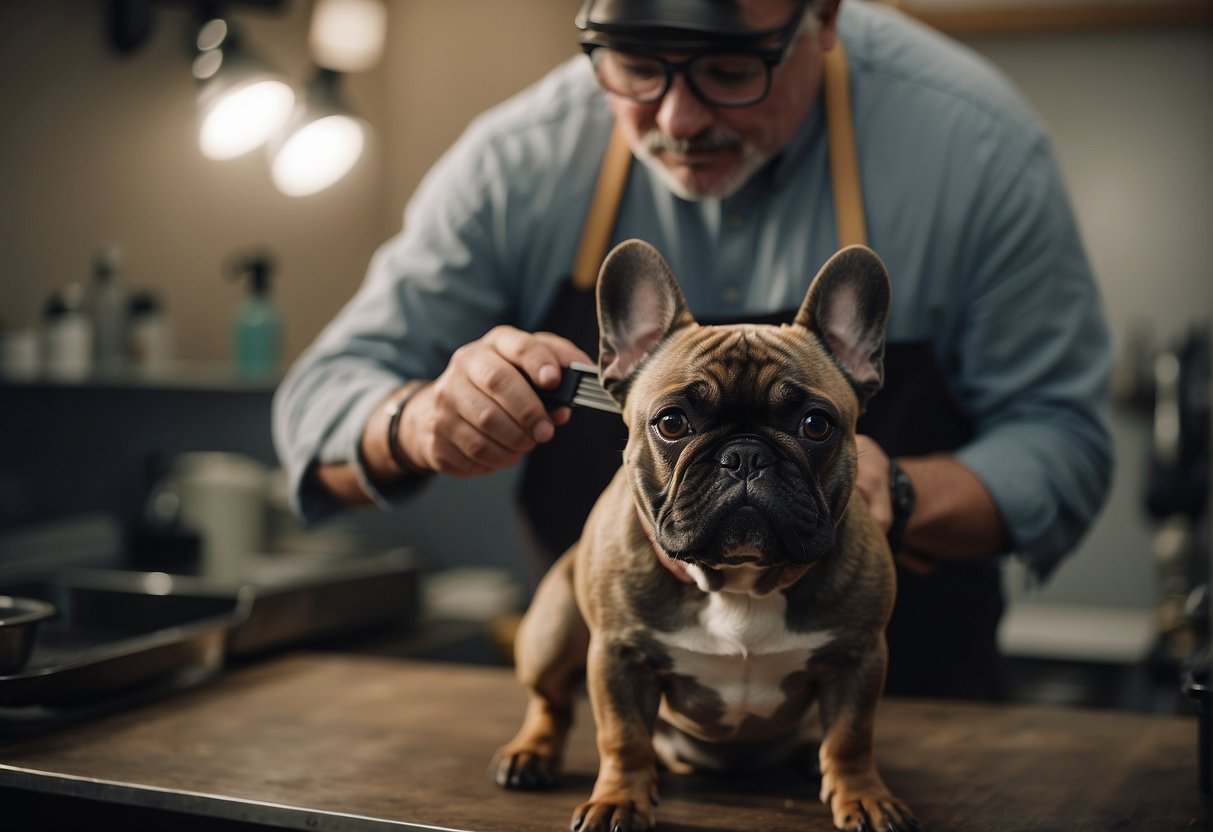 A French Bulldog being groomed and brushed by a breeder in Detroit