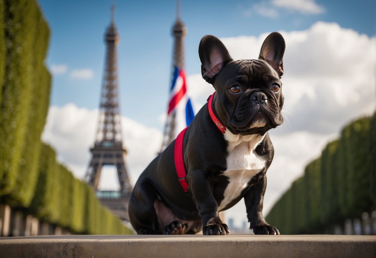 A French Bulldog stands proudly, with a confident expression, in front of a backdrop of the Eiffel Tower and a French flag