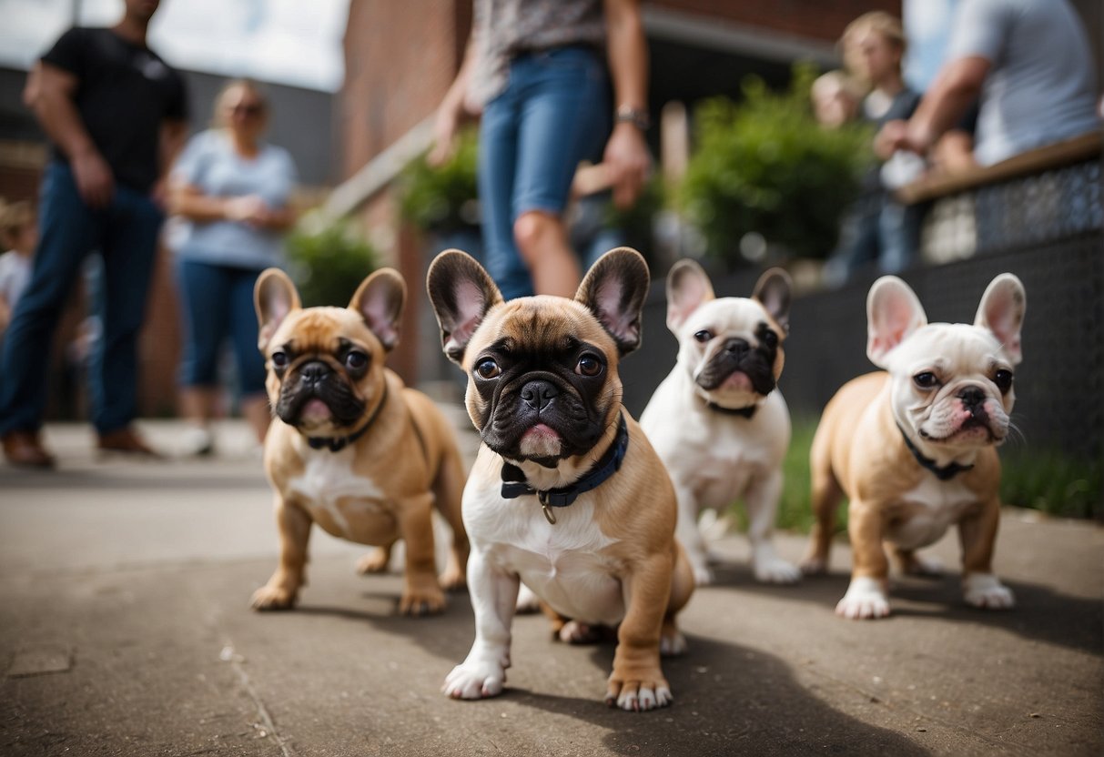 A group of adorable French bulldog puppies playfully interact with visitors at the best breeders in Detroit, while curious onlookers ask questions