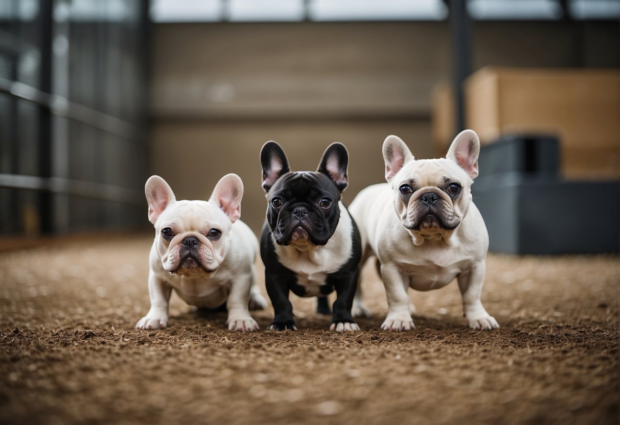 A group of French bulldogs playfully interact in a spacious and clean breeding facility in Des Moines, showcasing their unique and adorable characteristics